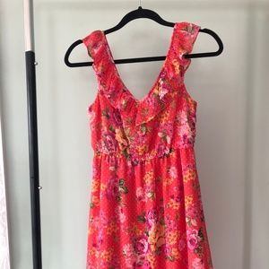 Pink Floral Dress with White Polka Dots